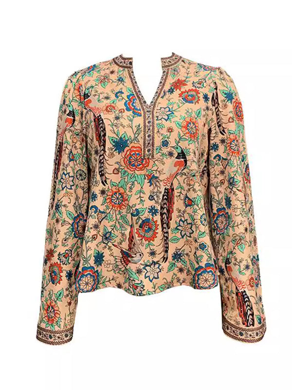 Flower Print Flared Sleeves Long Sleeves V-Neck Blouses&Shirts Tops