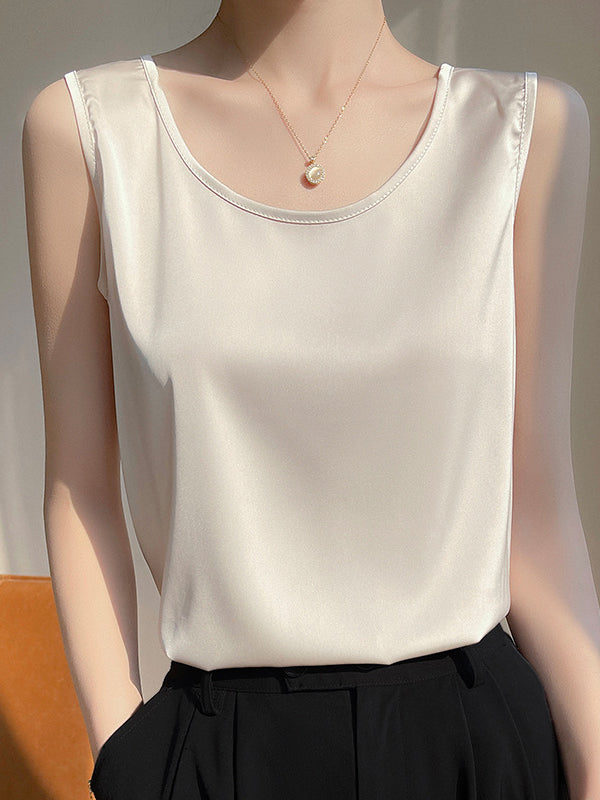 Plain Relaxed Fit Sleeveless Round-Neck Vest Top