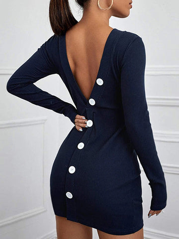 Backless Buttoned Bodycon Long Sleeves Round-Neck Mini Dresses Knit Dresses