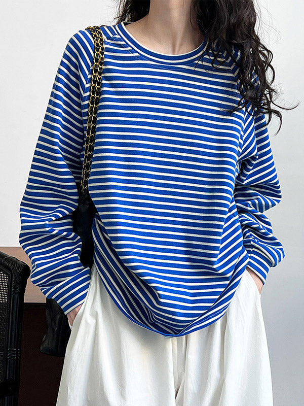 Contrast Color Striped Long Sleeves Loose Round-neck Sweatshirt Tops