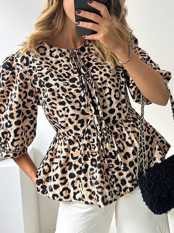 Elasticity Leopard Pleated Split-Joint Tied Half Sleeves Loose Round-Neck Blouses&Shirts Tops