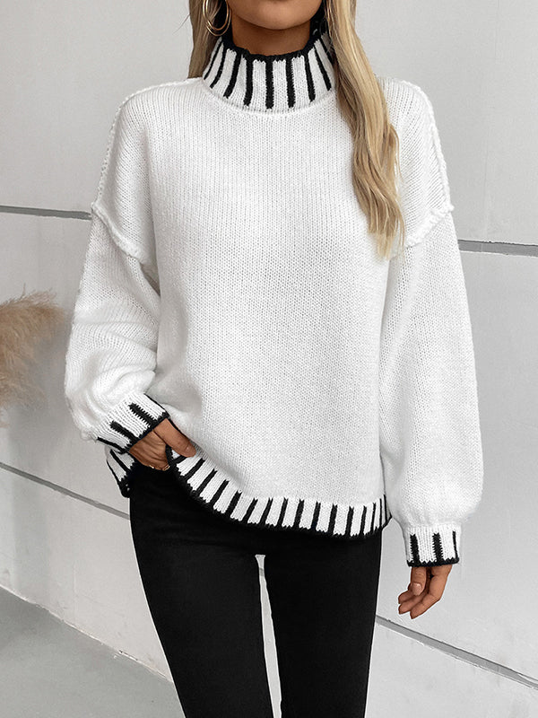 Contrast Color Split-Joint Long Sleeves Loose High Neck Sweater Tops Pullovers