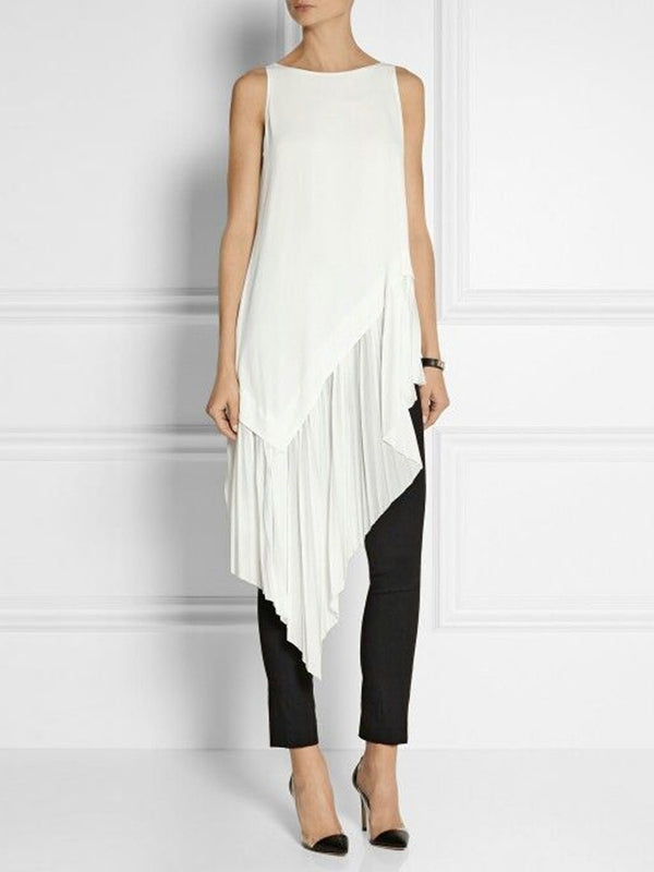 Asymmetric Pleated Split-Joint Irregularity Sleeveless Round-Neck Vest Top