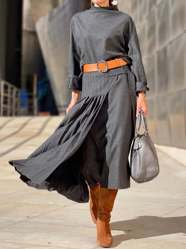 Solid Color Loose Top +  Asymmetric Pleated Split-Joint  Skirt Two Pieces Set