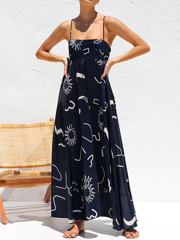 Printed Split-Joint Loose Sleeveless Spaghetti-Neck Maxi Dresses