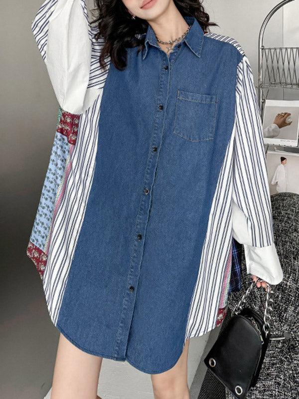 Buttoned Contrast Color Pockets Split-Joint Striped Long Sleeves Loose Lapel Blouses&Shirts Tops