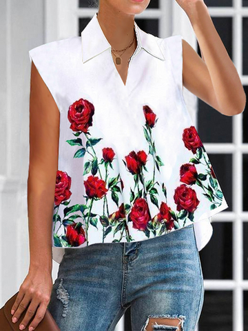 Flower Print Split-Joint A-Line High-Low Lapel Blouses&Shirts Tops