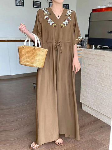 Drawstring Embroidered Split-Joint Half Sleeves Loose V-Neck Maxi Dresses