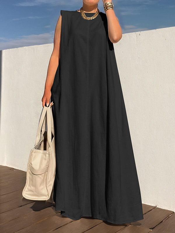 Shoulder Pad Solid Color Loose Sleeveless Round-neck Maxi Dresses