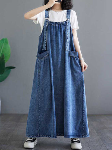 Pleated Pockets Split-Joint A-Line Loose Spaghetti-Neck Suspender Dress Maxi Dresses