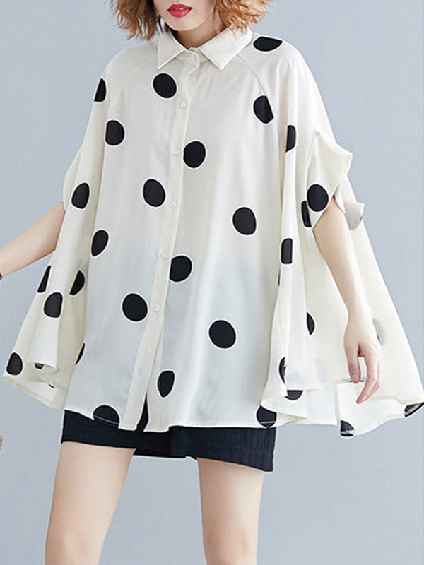 Buttoned Polka-Dot Batwing Sleeves Half Sleeves Lapel Blouses&Shirts Tops