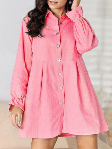 Pleated Split-Joint Striped A-Line Loose Lapel Shirt Dress Mini Dresses