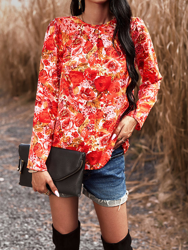 Flower Print Pleated Long Sleeves Loose Round-neck Shirts Tops