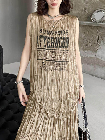 Asymmetric Letter Print Pleated Loose Sleeveless Round-Neck Vest Top