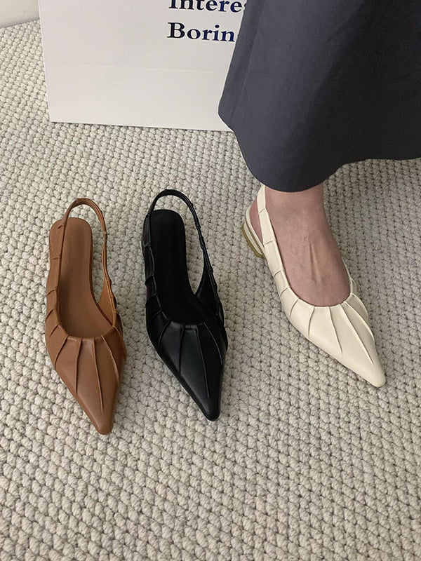 Pleated Pointed-Toe Solid Color Split-Joint Sling Shoes Sandals