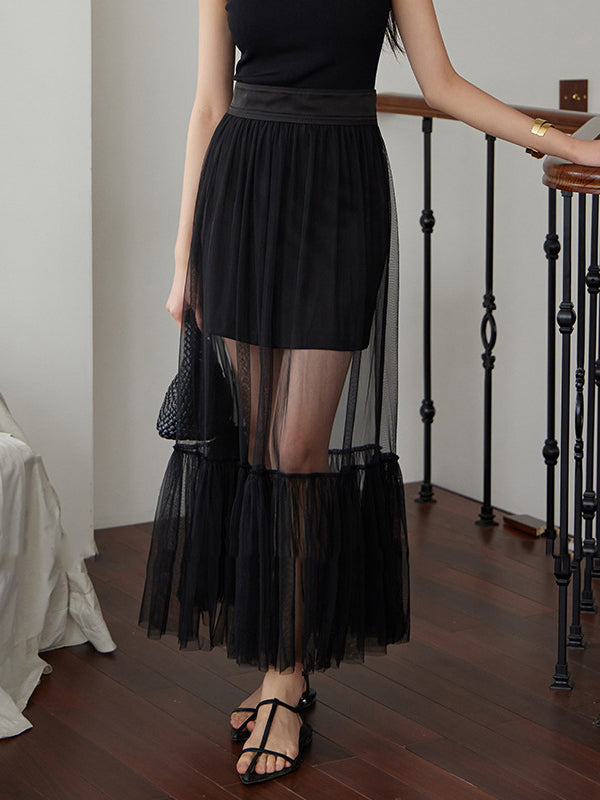 Pleated See-Through Split-Joint Tulle A-Line High Waisted Skirts Bottoms