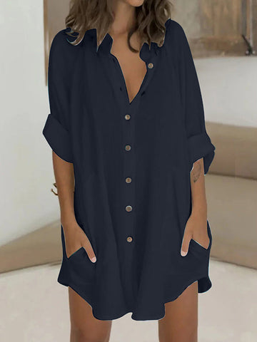 Buttoned Pockets Long Sleeves Loose Lapel Shirt Dress Mini Dresses