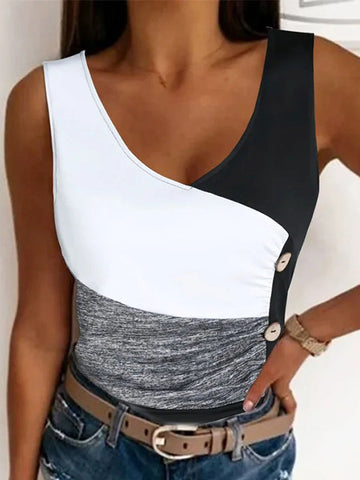 Contrast Color Elasticity Pleated Split-Joint Skinny Sleeveless V-neck Vest Top