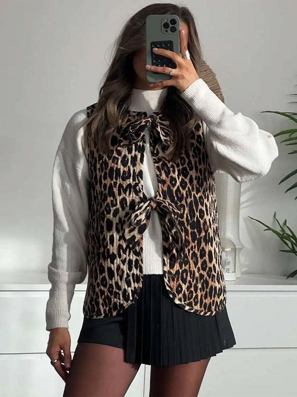 Lace-Up Leopard Split-Joint Loose Sleeveless V-neck Vest Outerwear