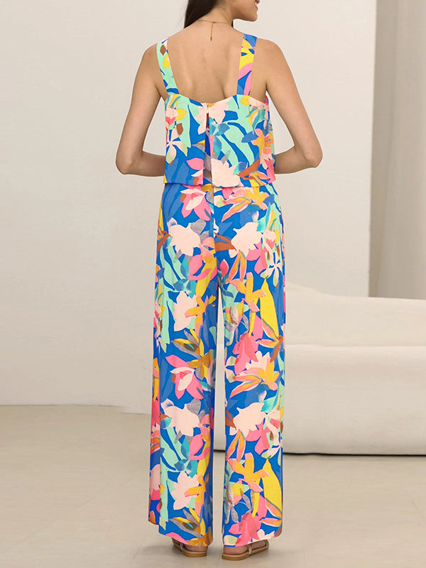 Elasticity Pockets Printed High Waisted Loose Spaghetti-Neck Jumpsuits