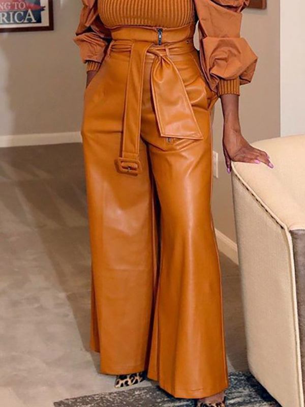 Belted Solid Color Zipper High Waisted Wide Leg Trousers Pants