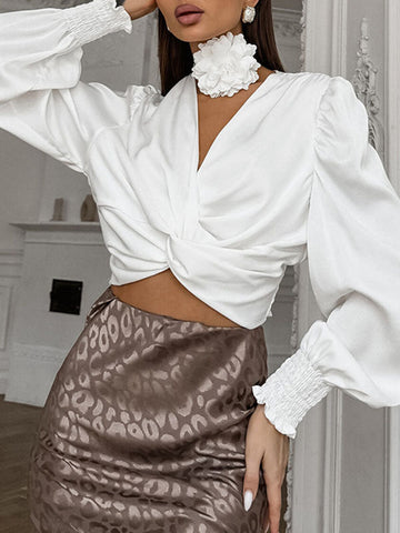 Elasticity Pleated Solid Color Split-Joint Loose Puff Sleeves V-Neck Blouses&Shirts Tops