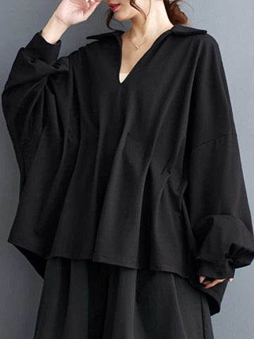 Pleated Solid Color Batwing Sleeves High-Low V-Neck Blouses&Shirts Tops