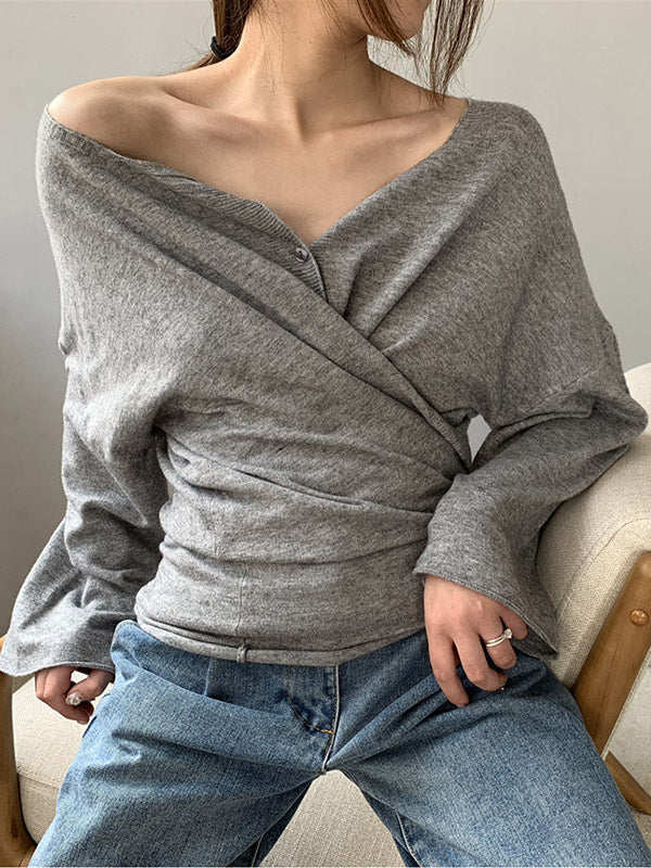 Buttoned Solid Color Long Sleeves Loose V-Neck Cardigan Tops