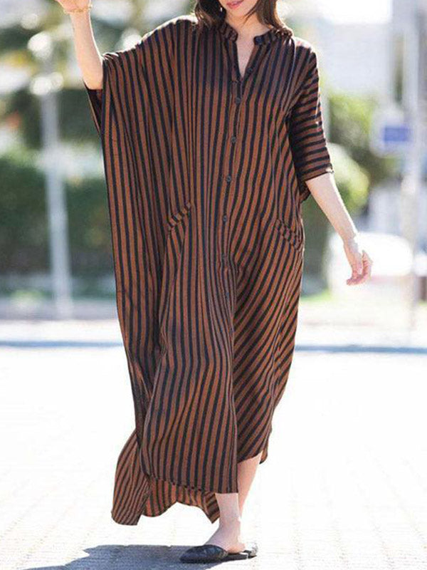 Buttoned Pockets Striped Batwing Sleeves Half Sleeves Round-Neck Maxi Dresses Beach Cover-Up