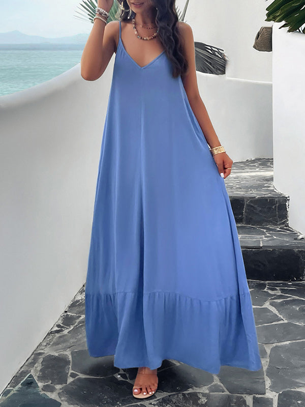 Pleated Solid Color Split-Joint Loose Sleeveless Spaghetti-Neck Maxi Dresses