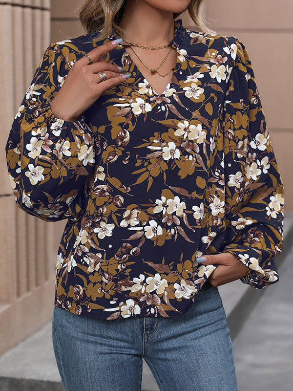 Flower Print Long Sleeves Loose V-Neck Blouses&Shirts Tops