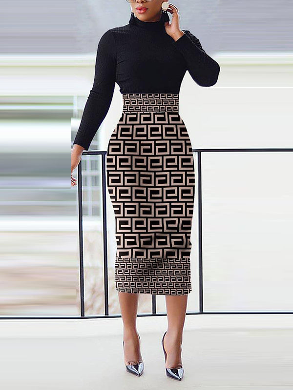 Pockets Printed Split-Back Bodycon Long Sleeves High Neck Midi Dresses