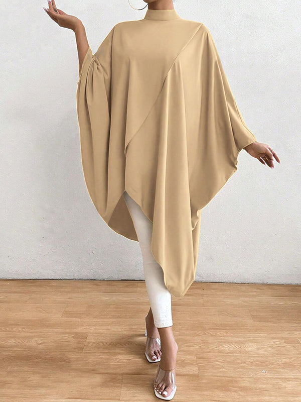 Asymmetric Solid Color Split-Joint Batwing Sleeves Loose High Neck Shirts Tops