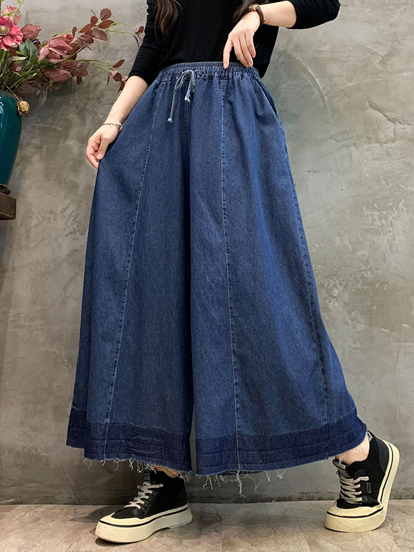 Drawstring Elasticity Fringed Pockets Relaxed Fit Wide Leg Jean Pants Bottoms