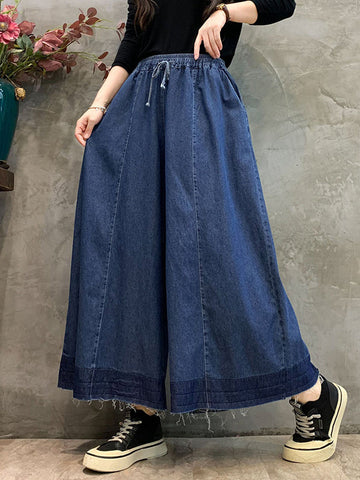 Drawstring Elasticity Fringed Pockets Loose Wide Leg Jean Pants Bottoms