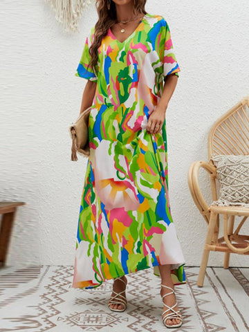 Contrast Color High-Waisted Printed Loose Short Sleeves V-neck Maxi Dresses