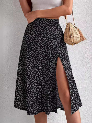 Flower Print Split-side A-line Loose Skirts Bottoms