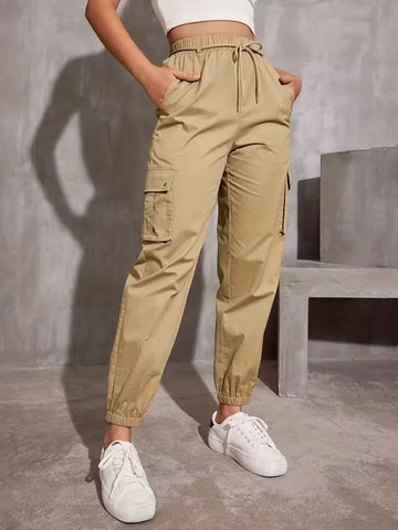 Elasticity Pockets Solid Color Split-Joint Tied Waist High Waisted Trousers Cargo Pants