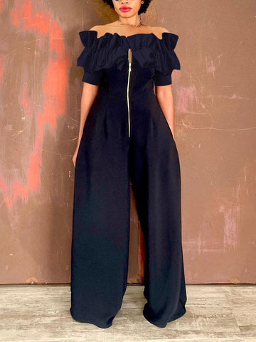 Pockets Zipper High Waisted Loose Tube Jumpsuits