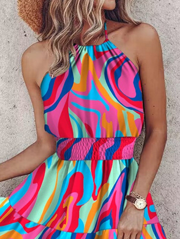 Color-Block Contrast Color Elasticity Split-Joint Loose Sleeveless Halter-Neck Mini Dresses