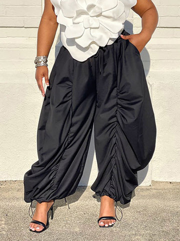 Drawstring Pleated Solid Color Split-Joint High Waisted Loose Trousers Pants