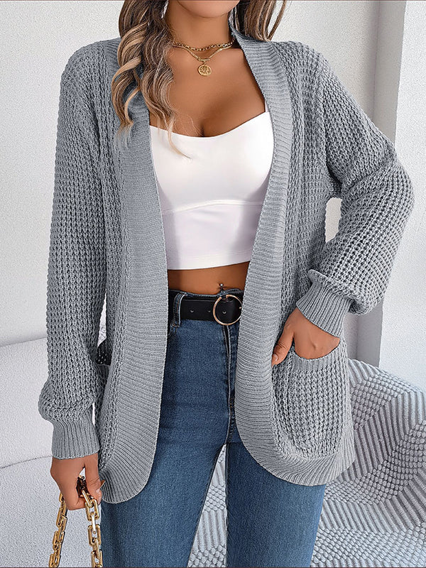 Pockets Solid Color Split-Joint Long Sleeves Loose Collarless Cardigan Tops