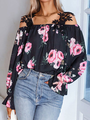 Elastics Floral Printed Hollow Flared Sleeves Loose Cold Shoulder Blouses