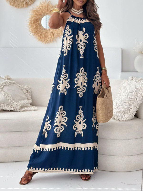 Printed Split-Joint Loose Sleeveless Spaghetti-Neck Maxi Dresses