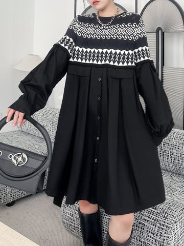 Buttoned Contrast Color Split-Joint A-Line Long Sleeves Round-Neck Mini Dresses