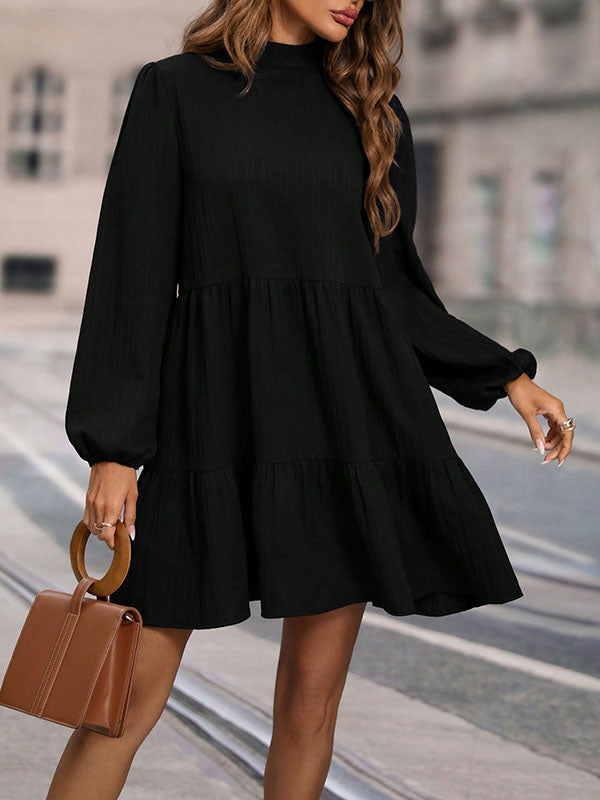 Hollow Pleated Solid Color Split-Joint A-Line Long Sleeves Mock Neck Mini Dresses