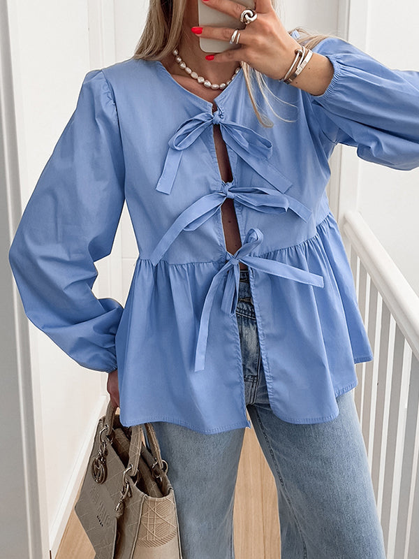 Elasticity Solid Color Split-Joint Tied Long Sleeves Loose Round-Neck Blouses&Shirts Tops