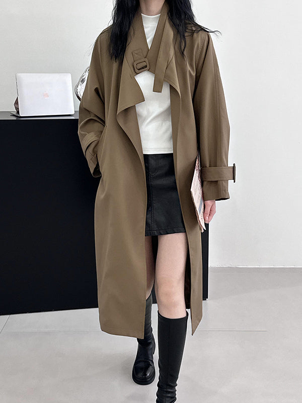 Buckle Pockets Solid Color Split-Back Tied Waist Long Sleeves Loose Lapel Trench Coats