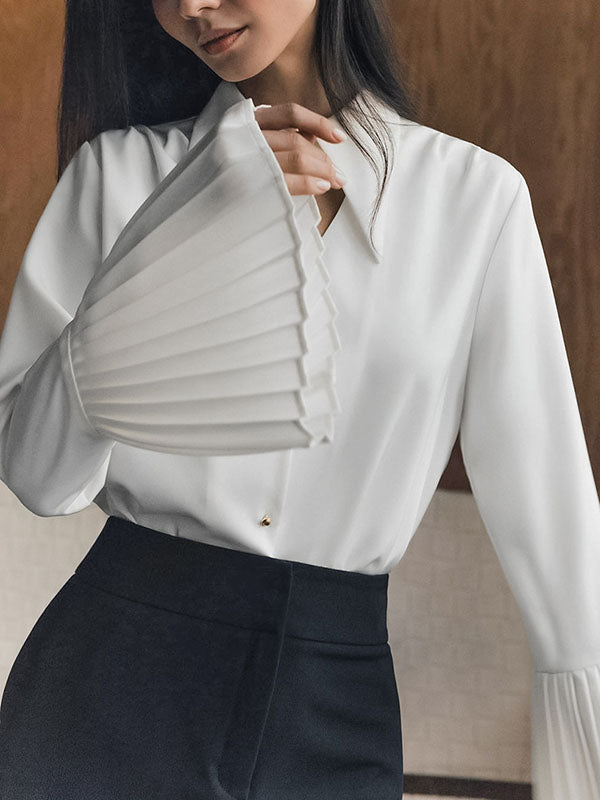 Buttoned Hollow Pleated Split-Joint Flared Sleeves Long Sleeves Lapel Blouses&Shirts Tops