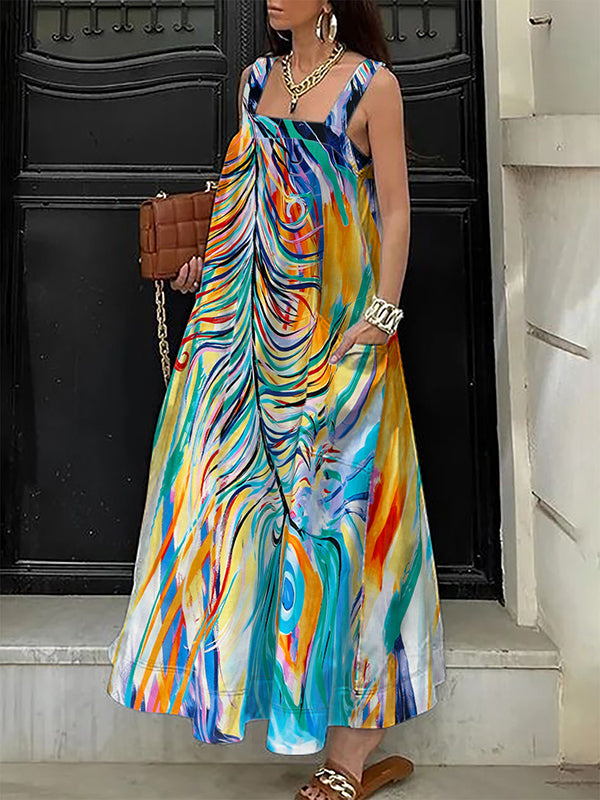 Contrast Color Pockets Printed Split-Joint A-Line Loose Spaghetti-Neck Maxi Dresses